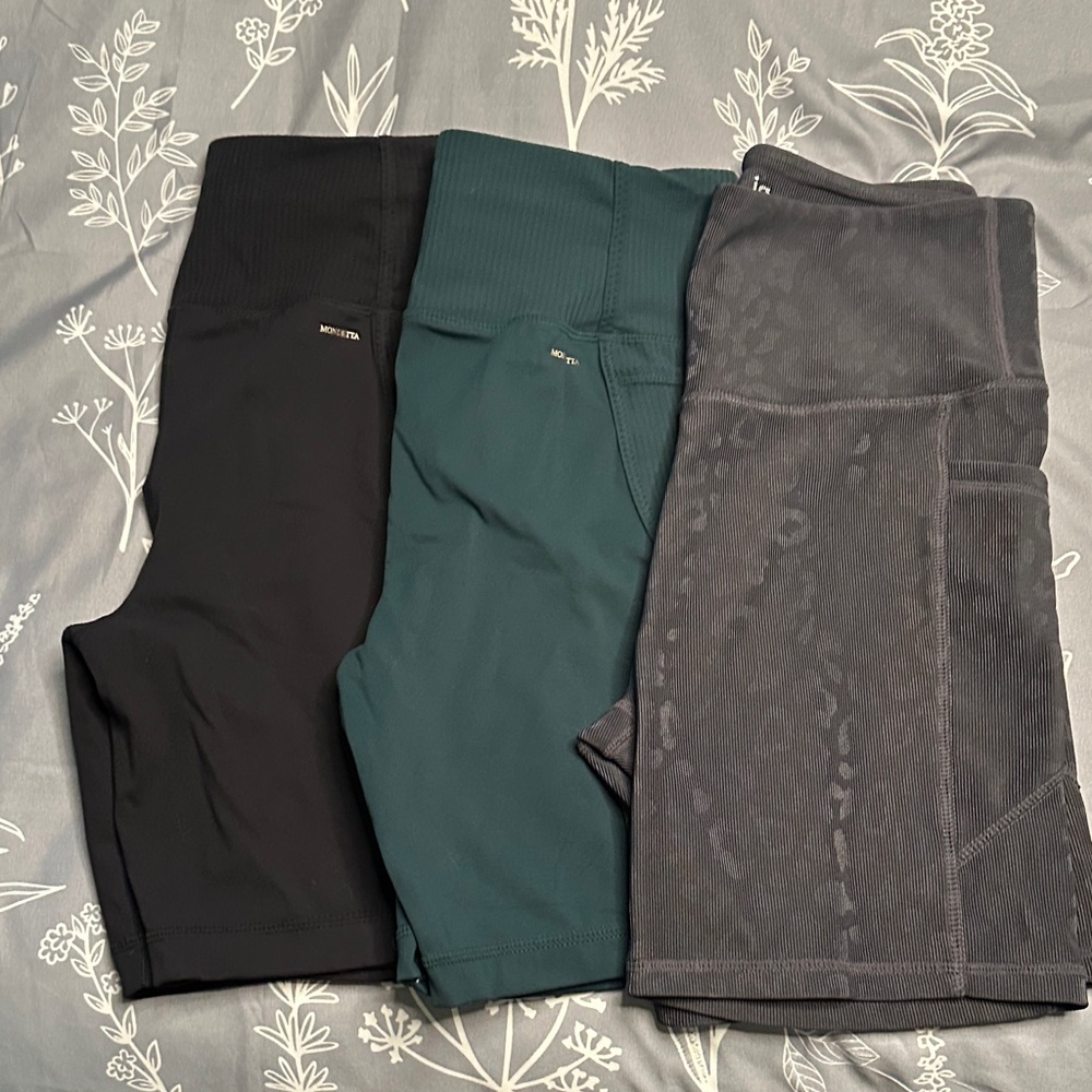 High waist Bike Shorts Trio - Black, Green, Gray leopard print. Sz Medium
